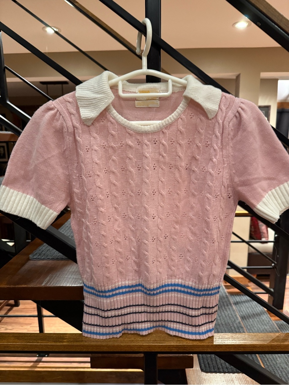 Vintage Pink Knit Polo Top with White Collar and Striped Hem